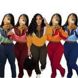 Fashionable two-piece set, color-blocked zipper jacket and leggings sportswear set for women