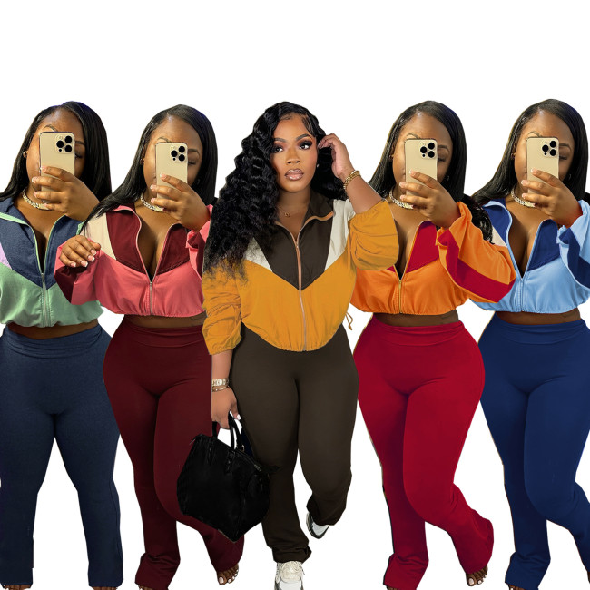Fashionable two-piece set, color-blocked zipper jacket and leggings sportswear set for women