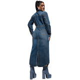 New Style Lady Denim Long Dress with Lapel Button Long Sleeves and Slits Fashion Women Casual Dresses 2025 Spring