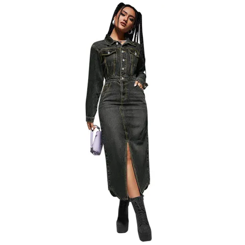 New Style Lady Denim Long Dress with Lapel Button Long Sleeves and Slits Fashion Women Casual Dresses 2025 Spring