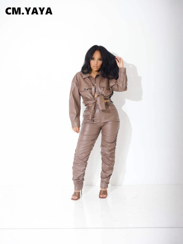 CM.YAYA Women's Set Long Sleeve PU Leather Shirt and Ruched Stacked Pants 2024 Autumn Streetwear Two 2 Piece Sets Outfits