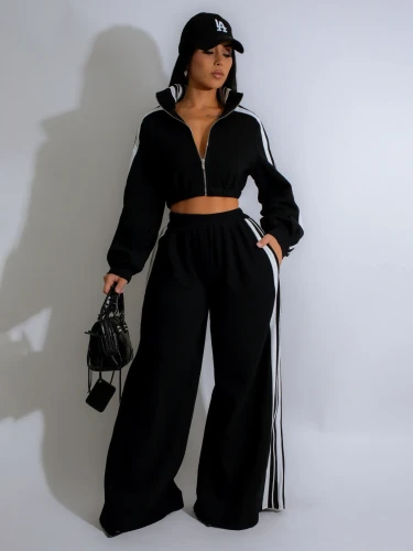Active Wear Women 2 Piece Tracksuit Fleece Striped Sweatshirt Sweatpants Sport Jogger Outfits Autumn Winter Chic Two Piece Set