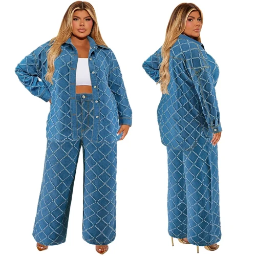 Plus Size Fashion Women Two Pieces Set Spring Long Sleeve Button Blouse Top Wide Leg Pants Oversized 2 Pieces Casual Clothes