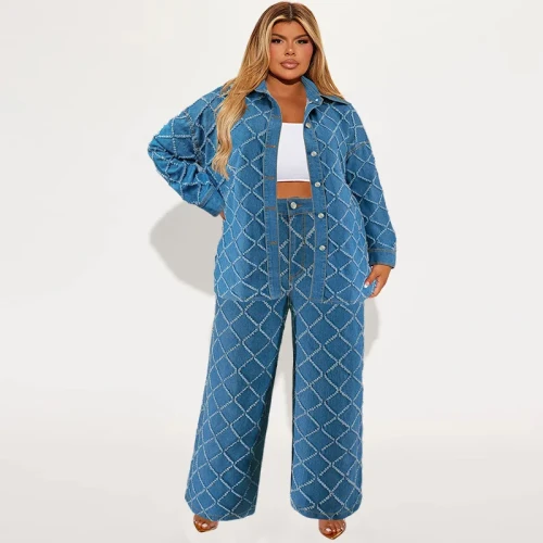 Plus Size Fashion Women Two Pieces Set Spring Long Sleeve Button Blouse Top Wide Leg Pants Oversized 2 Pieces Casual Clothes