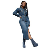 New Style Lady Denim Long Dress with Lapel Button Long Sleeves and Slits Fashion Women Casual Dresses 2025 Spring
