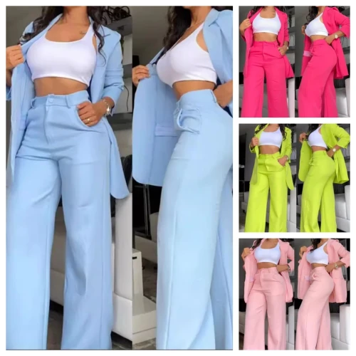Woman Elegant Blazer Sets New Autumn Fashion Women's Notched Collar Coat & Pocket Design Pants Set Work Commuting Two Piece Suit