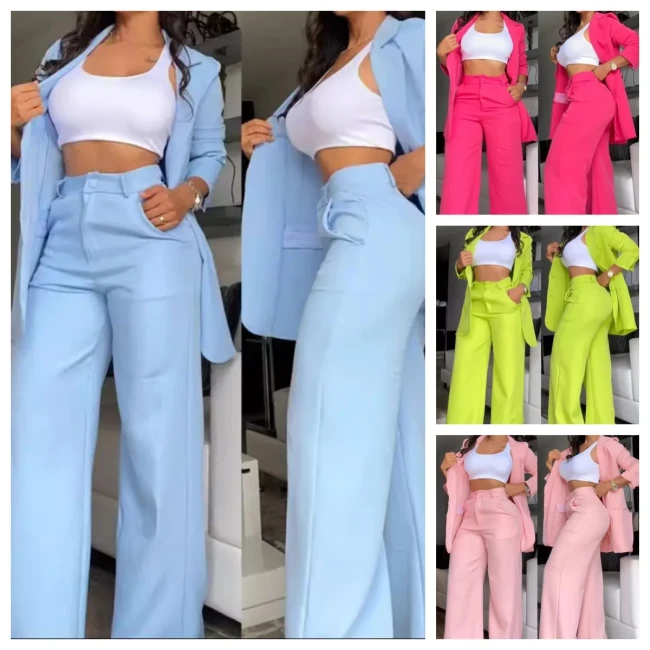 Woman Elegant Blazer Sets New Autumn Fashion Women's Notched Collar Coat & Pocket Design Pants Set Work Commuting Two Piece Suit