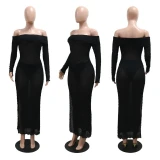 2024 Autumn Women See Through Striped Mesh Maxi Dress + Panties Off Shoulder Long Sleeve Side Split Bodycon Club Party Long Robe