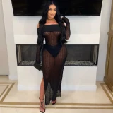 2024 Autumn Women See Through Striped Mesh Maxi Dress + Panties Off Shoulder Long Sleeve Side Split Bodycon Club Party Long Robe
