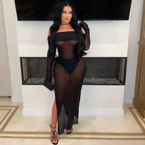 2024 Autumn Women See Through Striped Mesh Maxi Dress + Panties Off Shoulder Long Sleeve Side Split Bodycon Club Party Long Robe