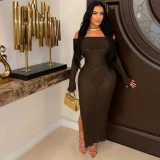 2024 Autumn Women See Through Striped Mesh Maxi Dress + Panties Off Shoulder Long Sleeve Side Split Bodycon Club Party Long Robe