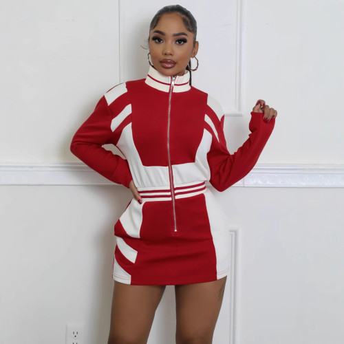 Europe  Christmas Pure Desire for Women's New Casual Color Combination Zipper Jacket Long Sleeve Waist Dress Women