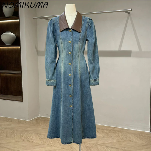 Nomikuma Autumn Patchwork PU Turn-down Collar Slimming Denim Dress Fashion Puff Long Sleeve Single Breasted Vestidos Feminina