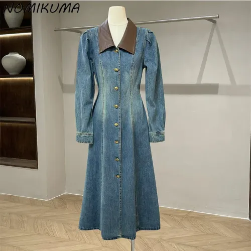 Nomikuma Autumn Patchwork PU Turn-down Collar Slimming Denim Dress Fashion Puff Long Sleeve Single Breasted Vestidos Feminina