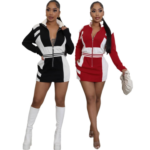 Europe  Christmas Pure Desire for Women's New Casual Color Combination Zipper Jacket Long Sleeve Waist Dress Women