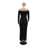 2024 Autumn Women See Through Striped Mesh Maxi Dress + Panties Off Shoulder Long Sleeve Side Split Bodycon Club Party Long Robe