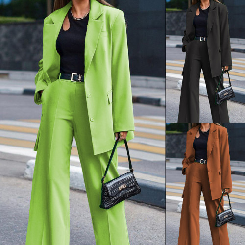 New Women's Trousers Suit Casual Long Sleeve Jacket Wide Leg Pant Female 2 Pieces Blazer Set Ladies Fashion Elegant Pant Suit