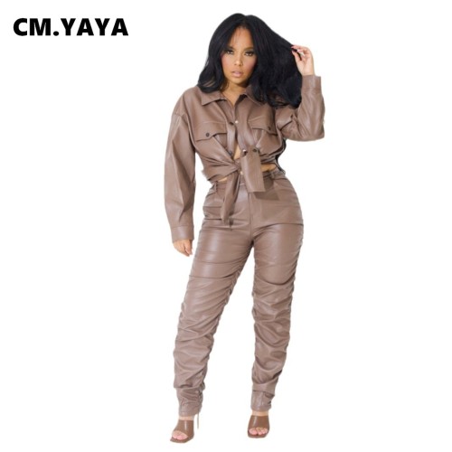 CM.YAYA Women's Set Long Sleeve PU Leather Shirt and Ruched Stacked Pants 2024 Autumn Streetwear Two 2 Piece Sets Outfits