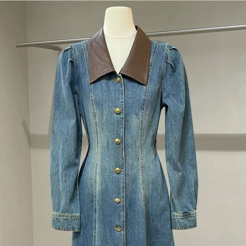 Nomikuma Autumn Patchwork PU Turn-down Collar Slimming Denim Dress Fashion Puff Long Sleeve Single Breasted Vestidos Feminina