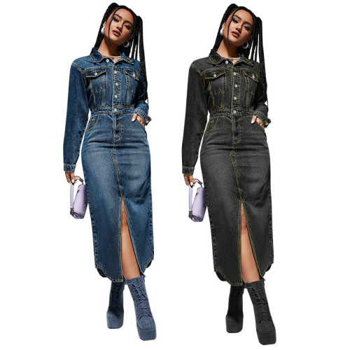 New Style Lady Denim Long Dress with Lapel Button Long Sleeves and Slits Fashion Women Casual Dresses 2025 Spring