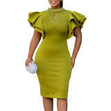 Summer Fashion Red Ruffle Sleeve Women Lady Party Dresses Slim Fit Elegant Sexy Turtleneck Studded Beaded Birthday Evening Dress