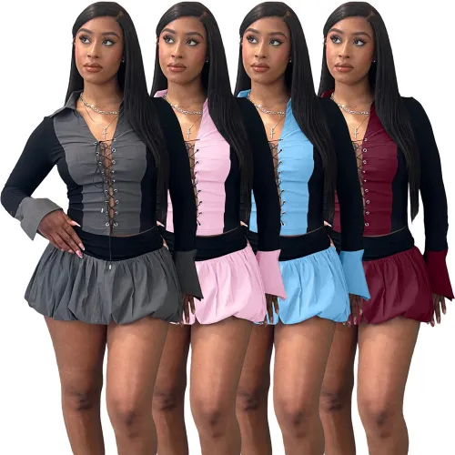Contrast Two Piece Set Women Casual Sexy Outfits Polo-Neck Shirring Crop Tops and Mini Puffy Skirt Sets Trend New Arrivals 2025