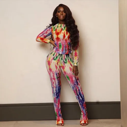 Bomblook K23ST028 Streetwear Contrast Color Outfits Women's Printed Crop Top With Leggings Set 2 Piece Set Women Set For Women