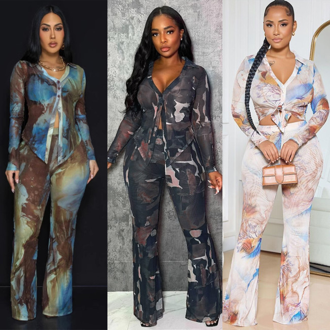 Spring Fashion Women Sets Mesh Outfits Tie Dye Print Long Sleeve Single Breasted Shirts and Pants Suit Womens Casual 2 Piece Set