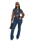 Denim Womens 2piece Set Pu Leather Patchwork Long Sleeve Button Jacket and Trouser Jean Pants Suit Fall Winter 2 Piece Outfit