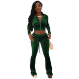 Velvet Tracksuit Lounge Wear for Women Autumn Clothes Long Sleeve Zip Crop Top Flared Pant Suit Jogger Matching 2 Two Piece Set