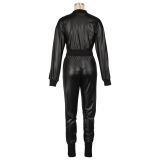 Womens Latest Fashion Clothing Winter Trend Outfits Leather 2 Piece Pants Sets Top Priority Zippered Cropped Jogger Set
