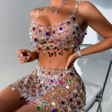 Colorful Rhinestone Body Chain Two Piece Outfit Set for Women 2024 Summer Sexy Festival Hollow Out Halter Top and Skirt Suit