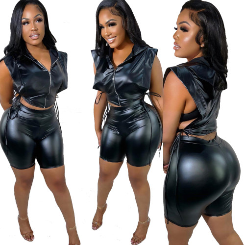 Women Clothing Lace-Up Zipper Black Hooded Pu Leather Two Piece Skinny Shorts Sexy Curvy 2pc Sets for Women Street Club Outfits