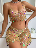 Colorful Rhinestone Body Chain Two Piece Outfit Set for Women 2024 Summer Sexy Festival Hollow Out Halter Top and Skirt Suit
