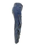 Women Streetwear Button Cutout Cargo Straight Denim Wide Leg Jeans Pants 2024 Elastic INS Fashion Party Cargo Trousers