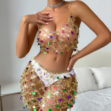Colorful Rhinestone Body Chain Two Piece Outfit Set for Women 2024 Summer Sexy Festival Hollow Out Halter Top and Skirt Suit