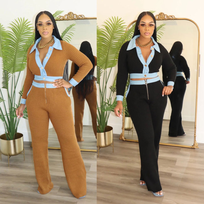 Two Pieces Women Suit Set Knit Boutique Clothing 2 Piece Long Sleeve Single Breasted Cropped Tops High Waist Pant Sets Fall 2024