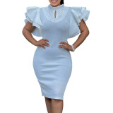 Summer Fashion Red Ruffle Sleeve Women Lady Party Dresses Slim Fit Elegant Sexy Turtleneck Studded Beaded Birthday Evening Dress