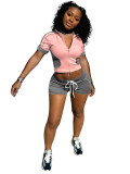 Summer Outfits Casual Sports 2piece Tracksuit Set for Women 2025 Hipster Patchwork Slim Short Sleeve Zip Crop Tops Shorts Sets