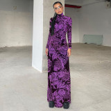 2024 New women's personalized and fashionable printed semi high neck long sleeved slimming mesh dress