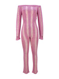 C1393 Sexy knitted hole long sleeved backless hollow design winter women's long jumpsuit