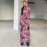 2024 New women's personalized and fashionable printed semi high neck long sleeved slimming mesh dress