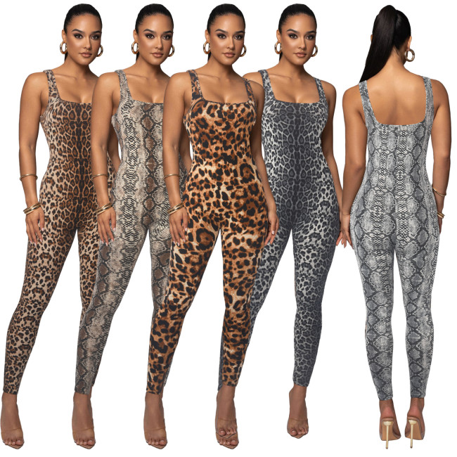 C1866 Trade women's leopard print sleeveless square neck backless slim fit sports jumpsuit