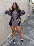 C0789 Wholesale sexy sports Ribbed casual patchwork long sleeved jacket short skirt set for women
