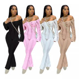 C1393 Sexy knitted hole long sleeved backless hollow design winter women's long jumpsuit