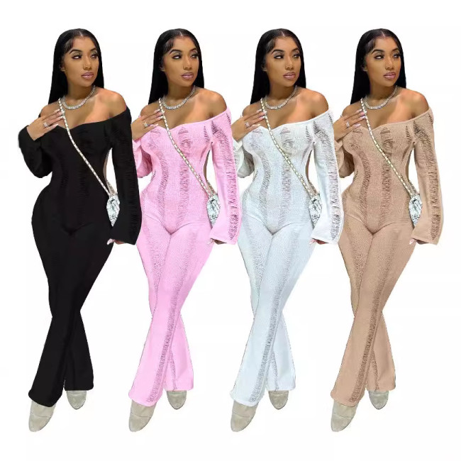 C1393 Sexy knitted hole long sleeved backless hollow design winter women's long jumpsuit