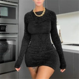 2025 Solid Color Pullover Thin Long-Sleeved Pleated Wrap Dress Skinny Mini Sexy Women Dresses