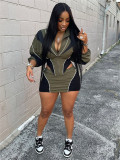 C0789 Wholesale sexy sports Ribbed casual patchwork long sleeved jacket short skirt set for women