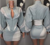 C0789 Wholesale sexy sports Ribbed casual patchwork long sleeved jacket short skirt set for women