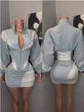 C0789 Wholesale sexy sports Ribbed casual patchwork long sleeved jacket short skirt set for women